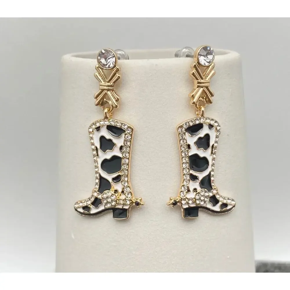 Howdy Darling Cow Print with Rhinestone Drop Earrings - Picture 2 of 4